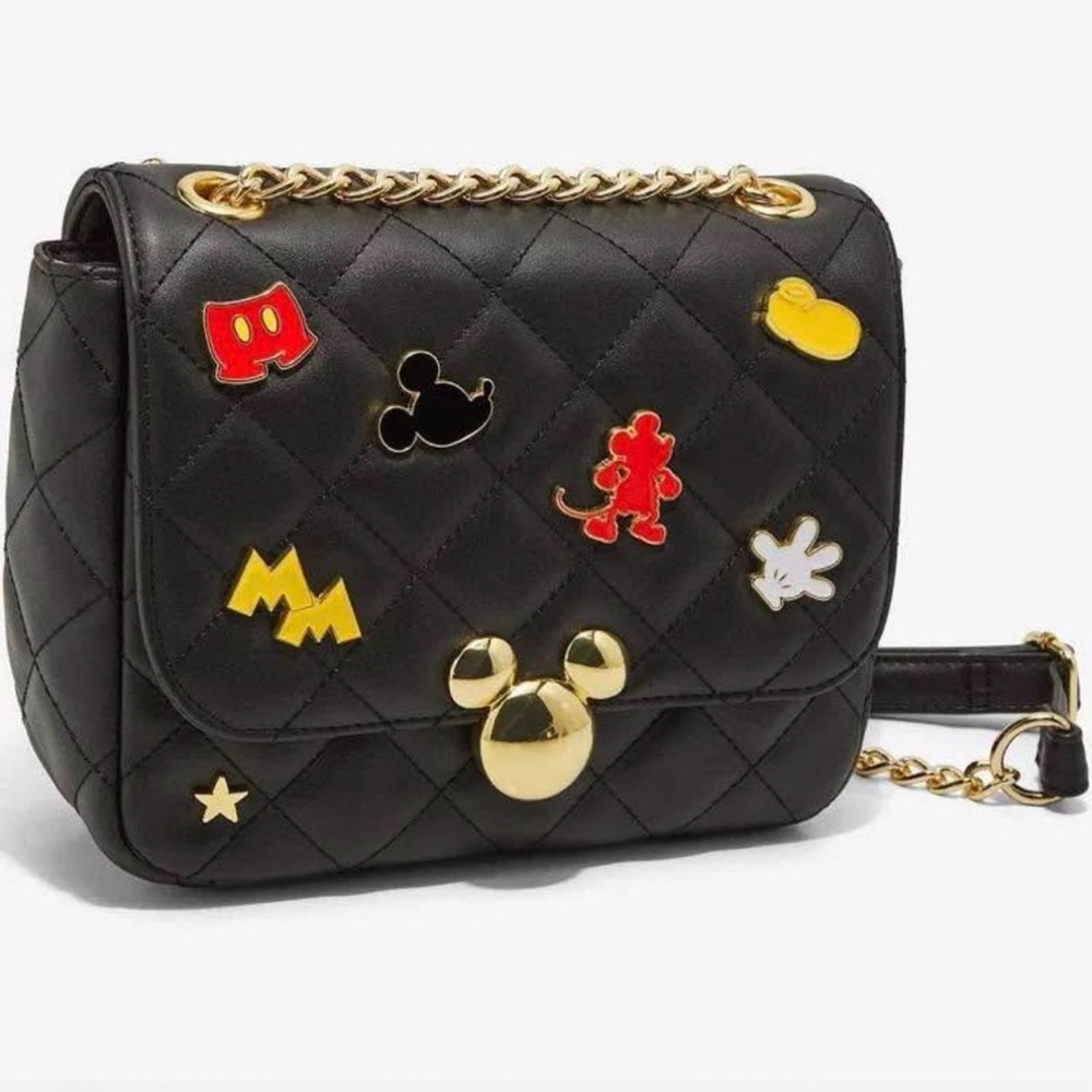 Loungefly Black Quilted Crossbody Bag with Gold and Red Accents